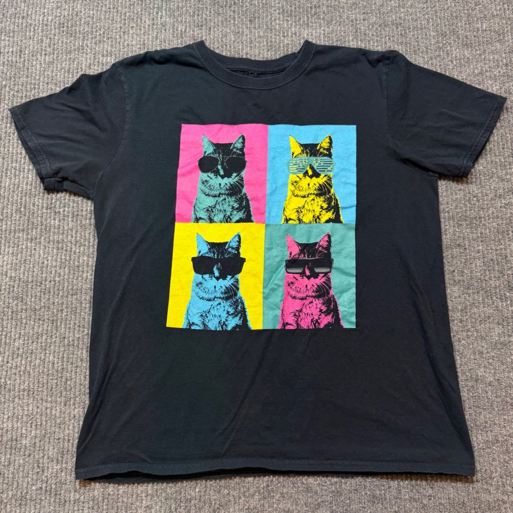 Savvy Pop Art Cat Sunglasses Graphic T-Shirt Unisex L Black 100% Cotton Tee